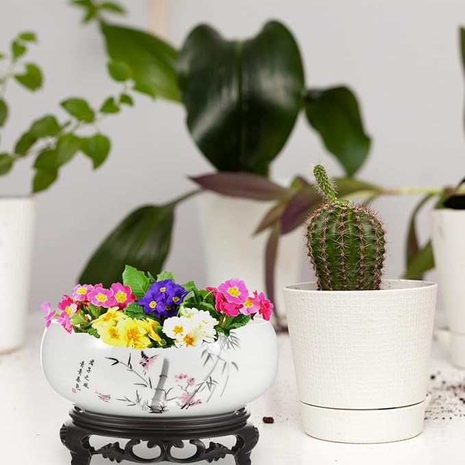 Ceramic Chinese Pot with Base Hydroponic Pot White Water Lily Bowl Ceramic Planter for Home Office Garden 7 Inch