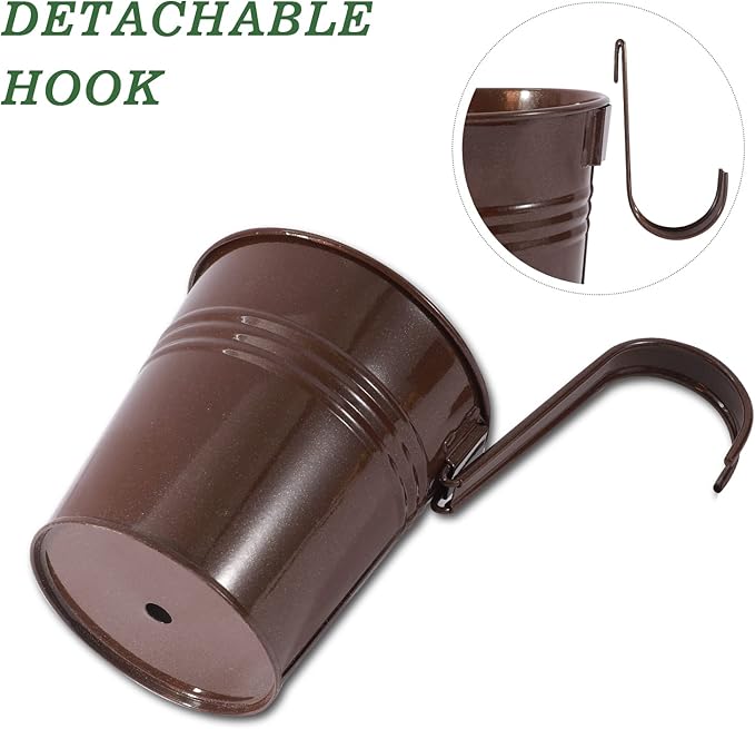 Metal Iron Flower Pots for Railing Fence Hanging Bucket Pots(5 Pcs) and Hanging Flower Pots Metal Iron Bucket Planter(10 Pcs) (Bronze)