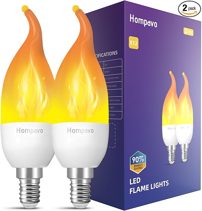 Hompavo 【Upgraded】 LED Flame Light Bulbs, 3 Modes Flickering Light Bulbs, E12 Chandelier Base Candle Fire Light Bulb for Halloween Christmas Party Porch Indoor & Outdoor Home Decoration - 2 Pack