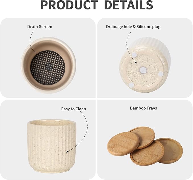 TAMAYKIM 4 Inch Ceramic Plant Pots with Drainage Holes, Modern Flower Planter with Saucer for Indoor Plants, Succulent, Cactus & Herbs, Beige, Set of 4 (Plants Not Included)