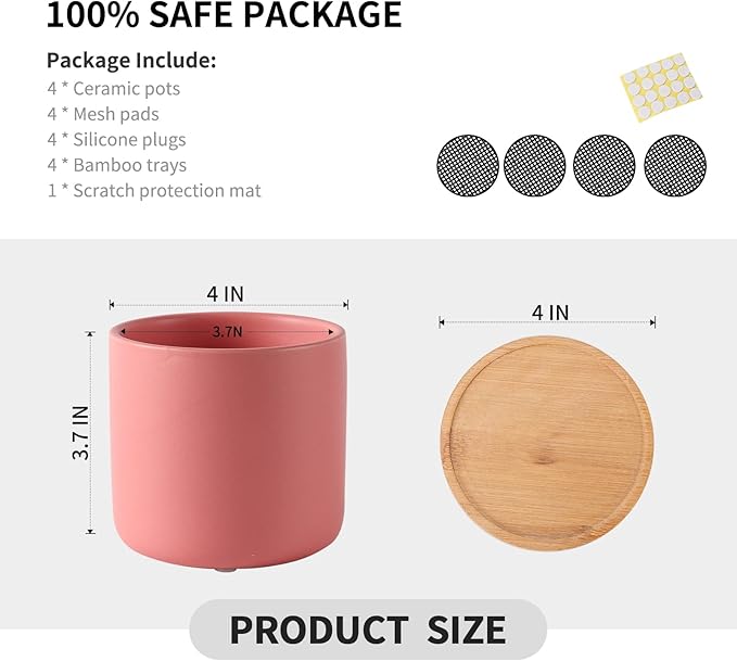 OMAYKEY 4 Inch Ceramic Plant Pot with Saucer, Multicolor Planters Pots with Drainage Hole and Mesh Pads for Succulent, Indoor Flowers, Snake Plants, Cactus, Herbs, Set of 4 (Plant Not Included)