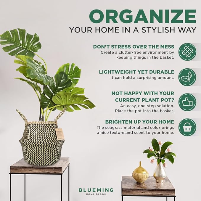 Plant Baskets – Large Seagrass Pot for Tall Indoor Faux Olive Tree, Woven Wicker Rattan Planter for Boho Basket 9-10 Inch (Black, Large)