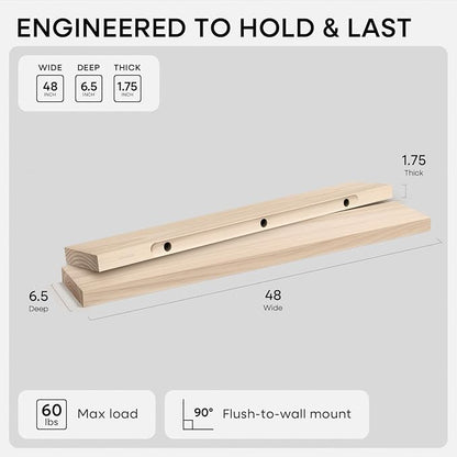 Homeforia Wood 48 inch Floating Shelf, High End Solid Natural Wood 48inch - Image 2