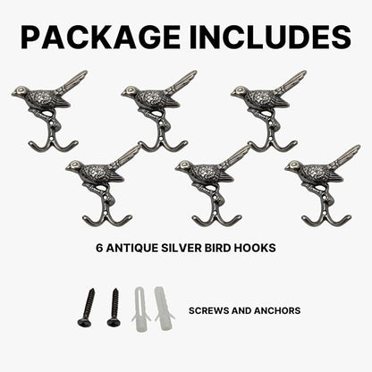 6 pcs Antique Silver Bird Decorative Wall Hooks - Image 4