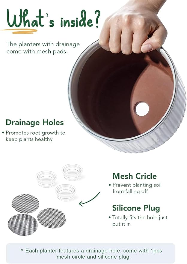 LE TAUCI Ceramic Plant Pots with Drainage Holes, Set of 3, 8+6.7+5.5 Inch Stripe Garden Planter Pots for Outdoor Indoor Plants Flower, Round Succulent Orchid Flower Pot, Reactive Glaze White