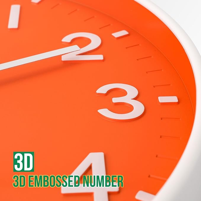 Wall Clock 12 Inch Orange Modern Simple Quartz Decorative Clock Non-Ticking - Image 6