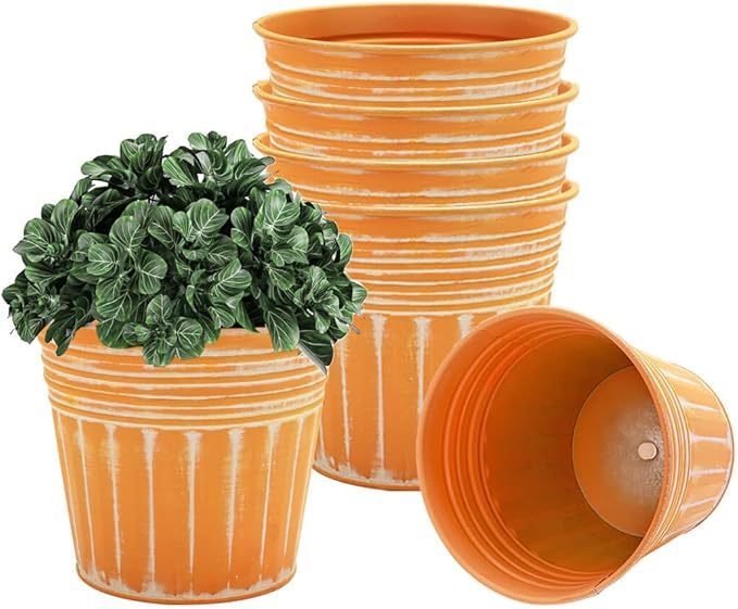 vensovo 5 Inches Orange Metal Rustic Flower Pots - 6 Pcs Small Galvanized Planters with Drainage Hole and Rubber Plug, Rustproof Tin Bucket Plant Pot Farmhouse Vintage Style for Decor