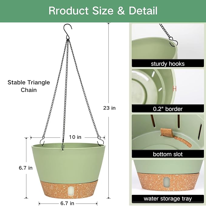 QCQHDU 2 Pack 10 inch Hanging Planters for Indoor Plants, Outdoor Hanging Baskets, Self Watering Pots with Drainage Holes & Removable Tray (Green, 10 inch)