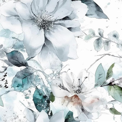 Ice Blue White Large Hyacinth Floral Green Leaf Peel and Stick Wallpaper Wall by VistaPalette