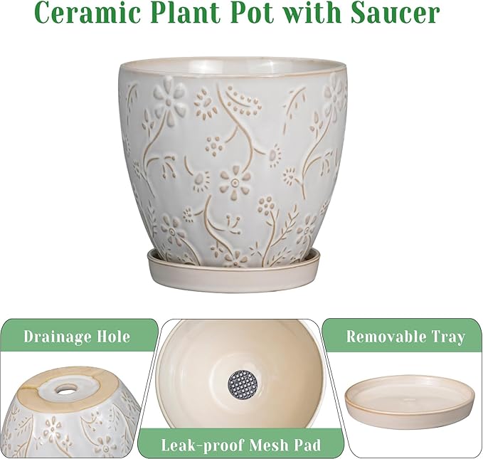 6 Inch Ceramic Plant Pot for Indoor Plants Outdoor Round Planter Flower Pot with Drainage Hole and Saucer for Home Garden Office Decor White