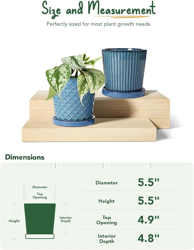 LE TAUCI Ceramic Pots for Plants, 5.5 Inch Plant Pots with Drainage Hole and Saucer, Indoor Plant Pots for Succulent, Snake Plants and Cactus, Flower Pots, Set of 2, Reactive Glaze Blue