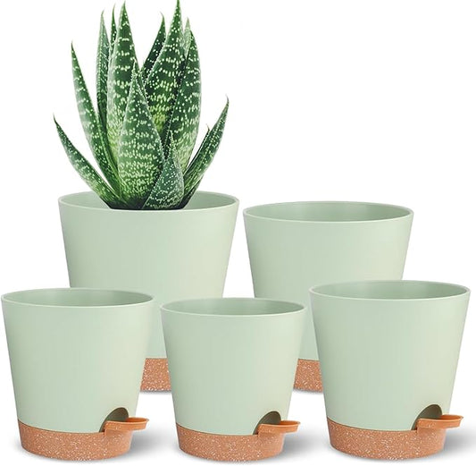 Self Watering Planters for Outdoor Plants 7/6.5/6/5.5/5Inch 5Pack Flower Pot for House Plants Green Indoor Plastic Pots Plant Pots Succulent Pots with Drainage Hole and Deep Reservoir