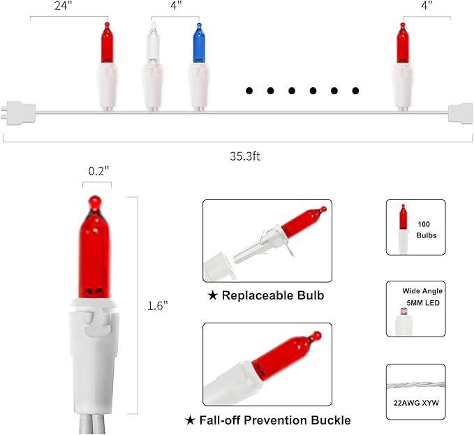 Red White and Blue Christmas LED Lights - 2 Pack 100 Count 4th of July Mini String Lights for Tree, Party, Memorial Day Decorations, 2 Sets 33 Feet White Wire, UL Certified, Connectable