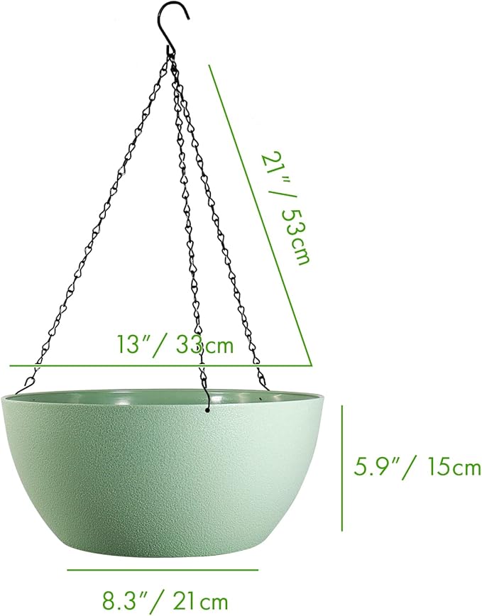 WOUSIWER 13 inch 2 Pack Large Hanging Planters for Indoor Outdoor Plants with Drainage Holes and Chain, Round Hanging Flower Pots for Garden Home Porch Decor, Green