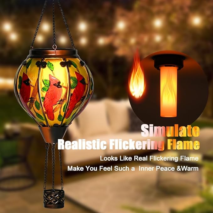 Hot Air Balloon Solar Lantern - Cardinal Bird Glass Lantern with Simulated Flickering Flame, Outdoor Hanging Yard Light Waterproof IP65 & Weather Resistant for Garden Patio Lawn Porch Decor Gfit