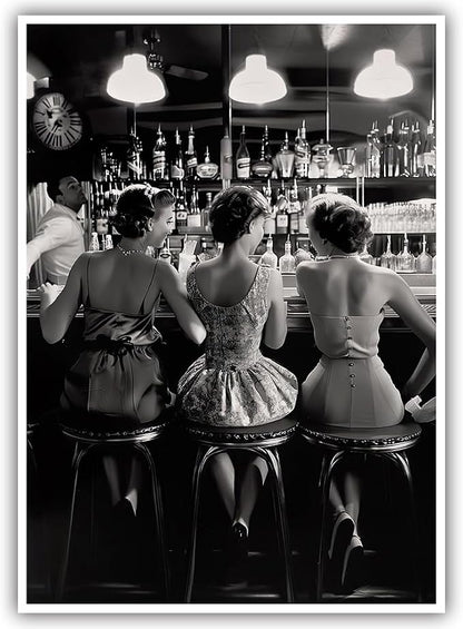 Vintage Black and White Posters Trendy Women Drink Cocktail Wall Art Funky by Acqooeakt