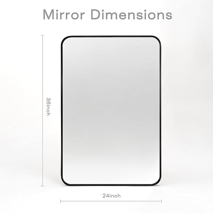 Wall Mount Mirror for Bathroom, Brushed Black Metal Framed Rounded Corner - Image 2