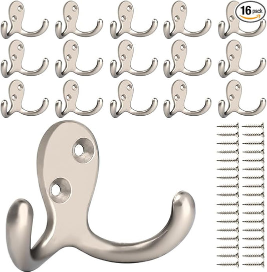 IBosins 16 Pack Heavy Duty Double Prong Coat Hooks Wall Mounted by IBosins