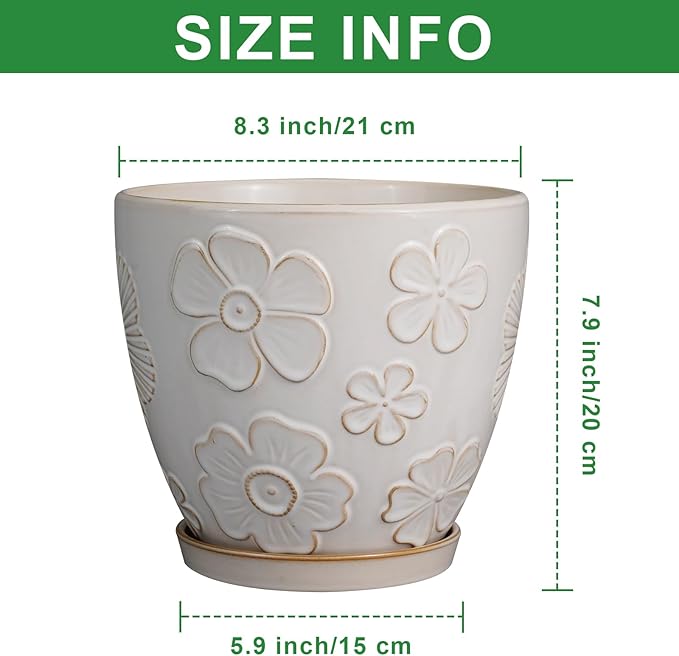 Ceramic Planter 8 Inch Plant Pot with Drainage Hole and Saucer Ceramic Pots for Indoor Plants Outdoor Large Flower Pot for Home Decor White