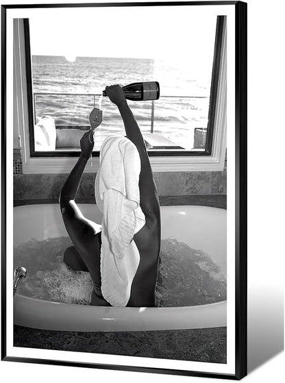 Trendy Black and White Poster Funny Woman Drinking Wine in Bathtub Wall Art by Acqooeakt