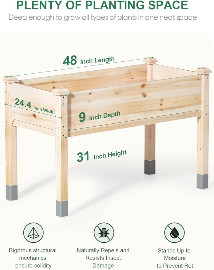 MIXC Wooden Raised Garden Bed with Legs, 48”L X 24”W, Elevated Reinforced Large Planter Box for Vegetable Flower Herb Outdoors - Beam and Column Structure - Unmatched Strength Outlast