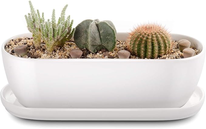 Oval Ceramic Planter Pot with Drainage Hole Saucers 11 Inch Succulents Planter Home Decor for Indoor Outdoor Plants Herb Cactus with 3 Mesh Pads, Plants Not Included