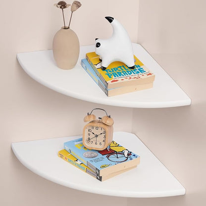 Gieanoo Floating Corner Shelves Set 2 16inch White Solid Oak Rounded Corner by GIEANOO