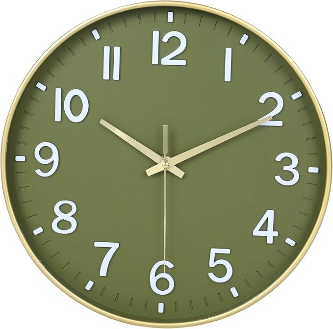 HZDHCLH Wall Clocks Battery Operated, Wall Clock Green Gold, 14 inch Wall Clock by HZDHCLH