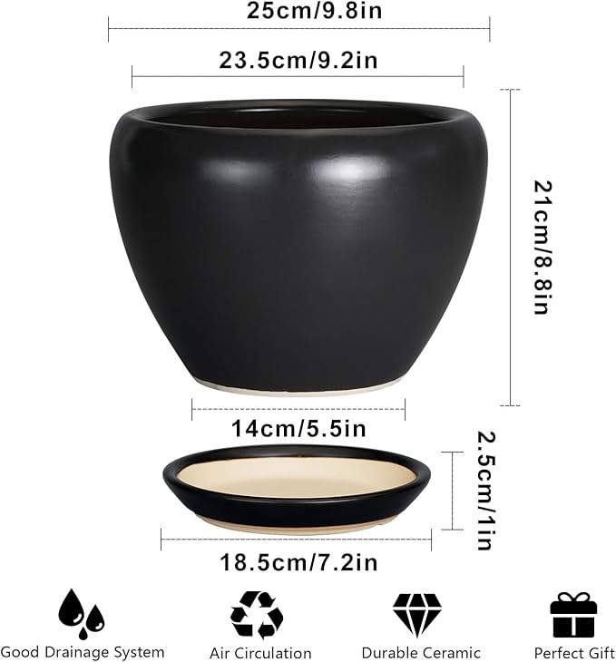 Ceramic Pot for Plants - 10 Inch Plant Pot Indoor with Drainage Hole and Saucer Large Planter Decorative Planter Modern Outdoor Flower Pot for House Balcony Black