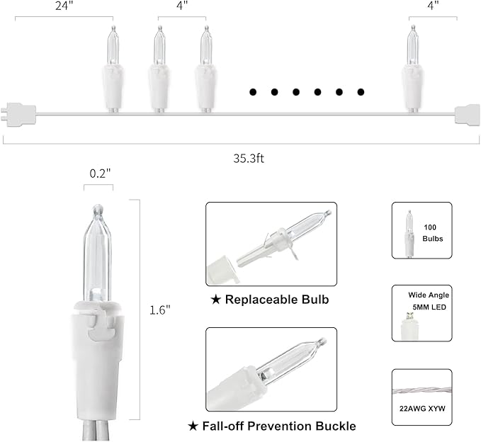 White LED Christmas Lights - 2 Pack 100 Count Cool White Christmas String Lights for Tree, Party, Wedding, Holiday, Indoor and Outdoor Decor, 2 Sets 33 Feet White Wire, UL Certified, Connectable