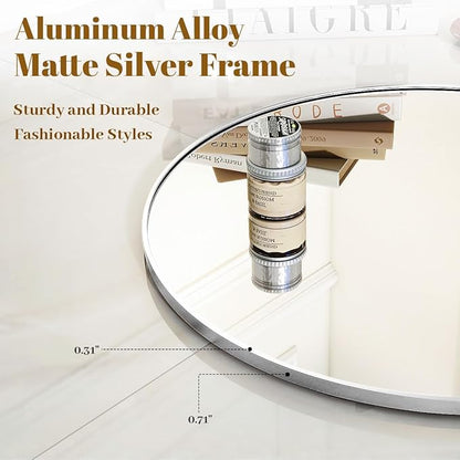 VooBang Silver Round Bathroom Mirror, 24 inch Circle Wall Mounted Hanging Mirror - Image 3