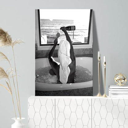 Trendy Black and White Posters Funny Woman Drinking Wine in Bathtub Wall Art - Image 4