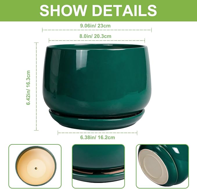 G EPGardening Ceramic Pots for Plants - 9 Inch Ceramic Planter for Indoor Plants, Round Planter with Drainage and Saucer, Modern Flower Pots for Outdoor, House Decor, Garden Gifts, Green