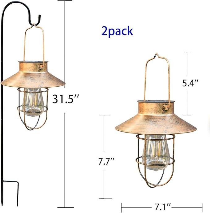 2 Pack Solar Lanterns, Outdoor Hanging Lights Metal with Shepherd Hook Warm White Edison Bulb Design for Garden and Birthday Gifts for Mom Grandma Wife ( Copper)