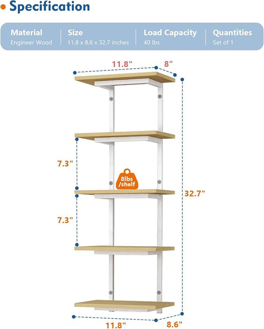 Harwaya White and Natural Tiered Wall Shelf Unit, 5 Tier Display Floating - Image 2