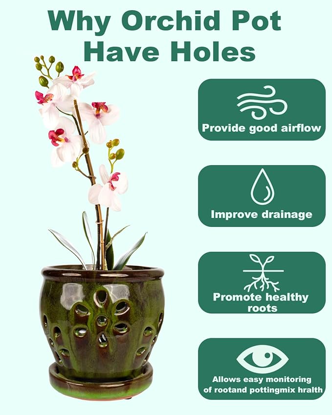 vensovo 5 Inch Ceramic Orchid Pots with Holes and Saucers - 1 Pcs Small Succulent Pot for Repotting, Garden Flowerpots for Plants Indoor and Outdoor Promotes Air Circulation, Yellow Mixed Brown