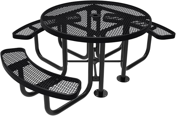 Heavy-Duty Portable Outdoor Picnic Table with Umbrella Hole, Expanded Metal Patio Dining Furniture Made in America (46" Round Top, Black)
