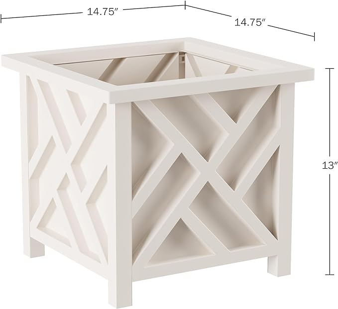Lattice Design Planter Box 2-Pack – 14.75-Inch Decorative Outdoor Flower or Plant Pots – Front Porch, Patio, and Garden Decor by Pure Garden (White)
