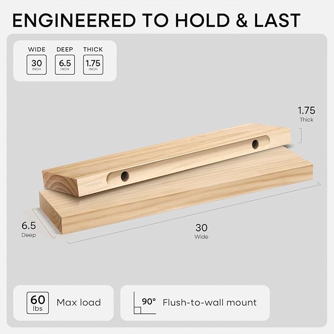 Homeforia 30 inch Natural Floating Shelf, High End Solid Real Wood 30inch Small - Image 3