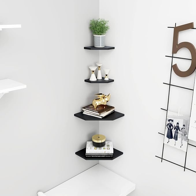 WELLAND 12-Inch Black Floating Corner Shelves Set of 2, Wall Mounted Storage - Image 5