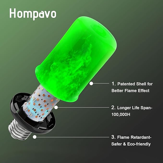 Hompavo 【Upgraded LED Flame Light Bulbs, Green Flickering Light Bulbs with Upside Down Effect, E26 Flame Bulb for Home Halloween St. Patrick's Day Christmas Decorations Indoor & Outdoor, 4 Pack