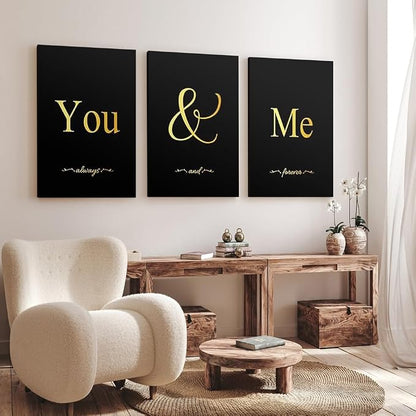 GUBIYU Black and Gold Bedroom Art Love Wall Decor You and Me Word Canvas Poster - Image 3