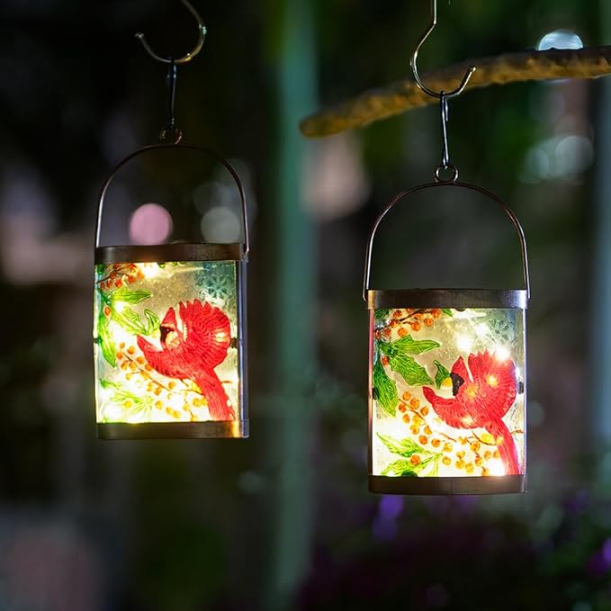 2 Pack Cardinal Solar Lanterns Outdoor Waterproof, Hanging Tabletop Solar Lantern with LED Light for Garden Yard Lawn