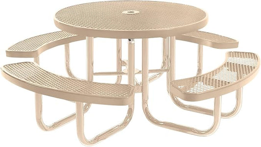 Heavy-Duty Portable Outdoor Picnic Table with Umbrella Hole, Expanded Metal Commercial-Grade Patio Furniture Made in America (46" Round Top, Tan with Tan Frames)