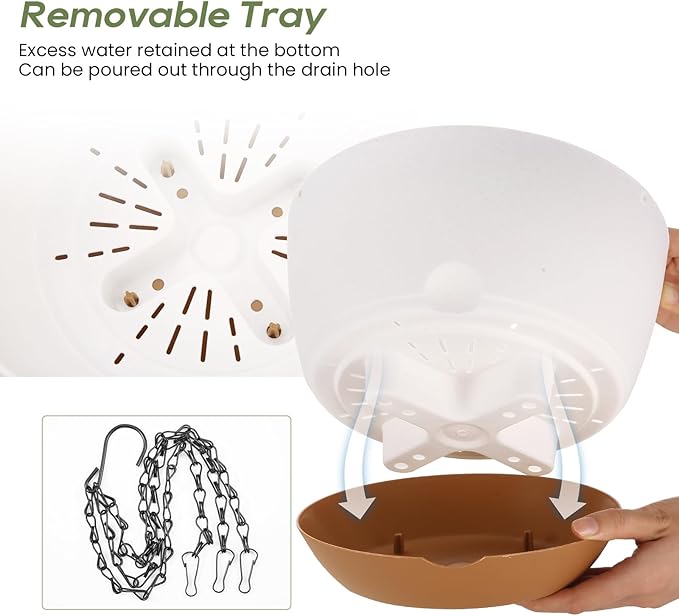 12/10/8 Inch Hanging Planter, Hanging Plastic Plant Self Watering Pot with Drainage Holes and Saucers, Hanging Baskets Flower Pots for Indoor Outdoor Garden Plants and Flowers,Set of 3-White