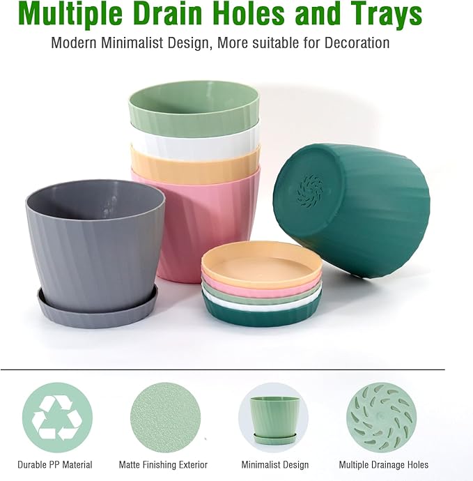 6 Inch Plant Pots Bulk, 6 Pack Plastic Planters with Drainage Holes and Saucers for Indoor Outdoor House Plants and Flowers, Colorful