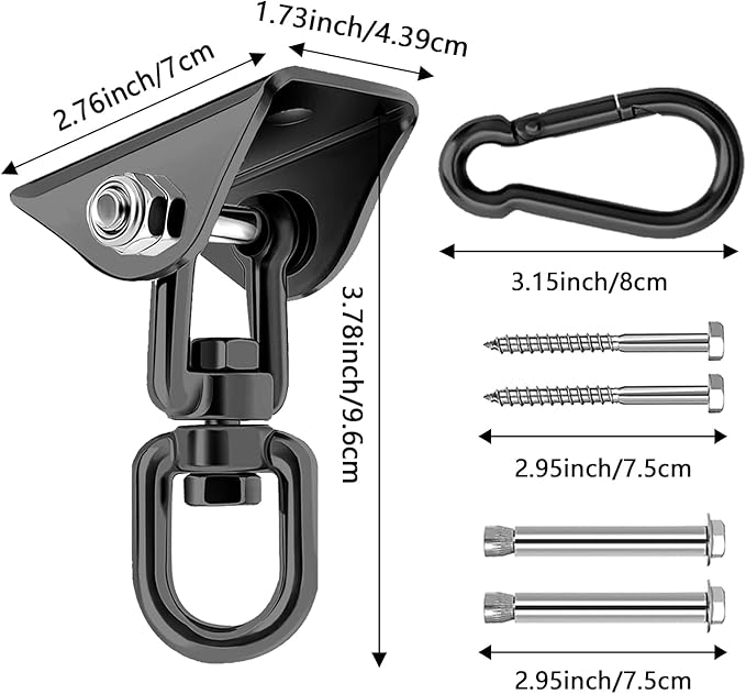 Heavy Duty Hammock Hanging Kit, 360° Rotating 1200 lb Swing Hangers for Hammock Chair Stand, Seat, Porch Swing, Yoga, Tree, Ceiling Mount, Indoor Outdoor Hanging Hardware Black | Pack of 3