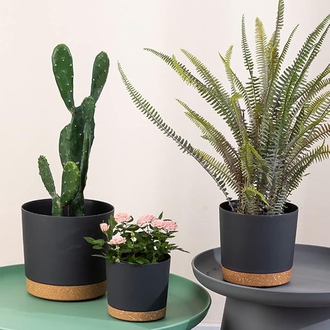 ZMTECH Plant Pots, Set of 6 6.5'' Self Watering Plastic Planter with Drainage Hole and Saucer,Modern Decorative Flower Pot for Indoor Outdoor House Plants, Succulents, Flowers - Dark Gray