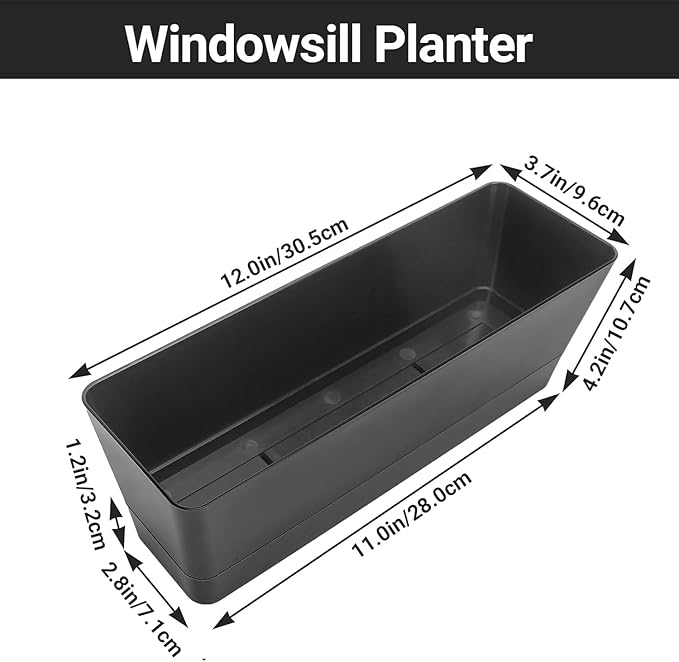 GREANER 12x3.8 Inch Herb Planters, 1 Pack Rectangle Window Boxes with Tray, Indoor Succulent Cactus Mint Plastic Pot for Windowsill, Balcony, Office, Outdoor Garden - Black