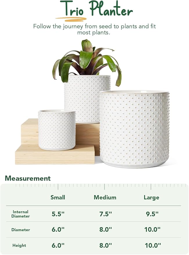 LE TAUCI 6+8+10 Inch Plant Pots Indoor, Ceramic Planter Pots for Plants, Raised Dots Flower Pots Indoor for Home and Office, Mid-Modern Century Pots with Drainage Hole and Plug, Glaze Arctic White